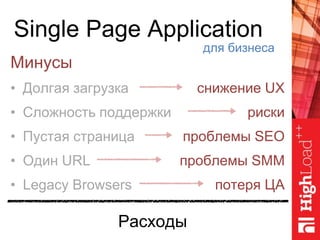 Single Page Application
Минусы
• Долгая загрузка
• Сложность поддержки
• Пустая страница
• Один URL
• Legacy Browsers
для бизнеса
снижение UX
риски
проблемы SEO
проблемы SMM
потеря ЦА
Расходы
 