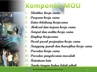 PELATIHAN PENINGKATAN KOMPETENSI PSKS TAHUN 2015 19
1. Identitas kerja sama
2. Program kerja sama
3. Latar belakang kerjasama
4. Maksud dan tujuan kerja sama
5. Tempat dan waktu kerja sama
6. Lingkup kerjasama
7. Pasal-pasal perjanjian kerja sama
8. Tanggung jawab dan kewajiban kerja sama
9. Prosedur kerja sama
10. Prosedur penyelesaian masalah
11. Ketentuan lain
12. Tanda tangan kedua belah pihak
 