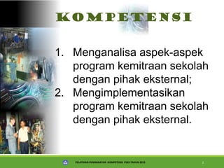 PELATIHAN PENINGKATAN KOMPETENSI PSKS TAHUN 2015 2
Kompetensi
1. Menganalisa aspek-aspek
program kemitraan sekolah
dengan pihak eksternal;
2. Mengimplementasikan
program kemitraan sekolah
dengan pihak eksternal.
 