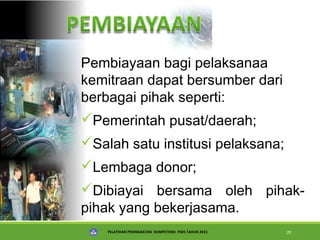 PELATIHAN PENINGKATAN KOMPETENSI PSKS TAHUN 2015 20
Pembiayaan bagi pelaksanaa
kemitraan dapat bersumber dari
berbagai pihak seperti:
Pemerintah pusat/daerah;
Salah satu institusi pelaksana;
Lembaga donor;
Dibiayai bersama oleh pihak-
pihak yang bekerjasama.
 