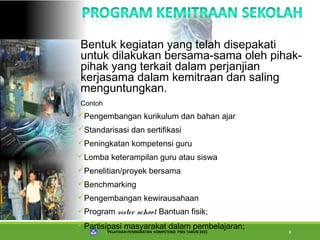PELATIHAN PENINGKATAN KOMPETENSI PSKS TAHUN 2015 8
Bentuk kegiatan yang telah disepakati
untuk dilakukan bersama-sama oleh pihak-
pihak yang terkait dalam perjanjian
kerjasama dalam kemitraan dan saling
menguntungkan.
Contoh
Pengembangan kurikulum dan bahan ajar
Standarisasi dan sertifikasi
Peningkatan kompetensi guru
Lomba keterampilan guru atau siswa
Penelitian/proyek bersama
Benchmarking
Pengembangan kewirausahaan
Program sister school Bantuan fisik;
Partisipasi masyarakat dalam pembelajaran;
 