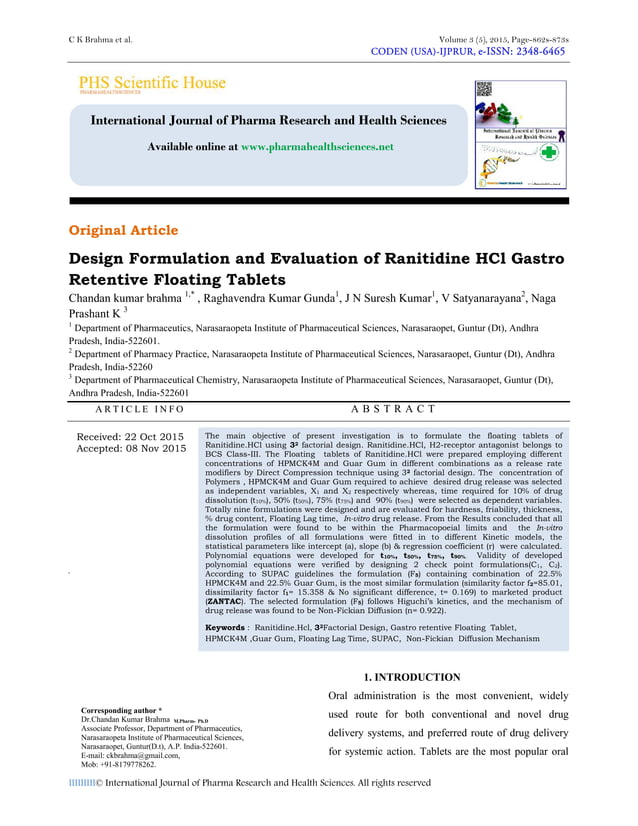 Design Formulation and Evaluation of Ranitidine HCl Gastro Retentive Floating Tablets PDF
