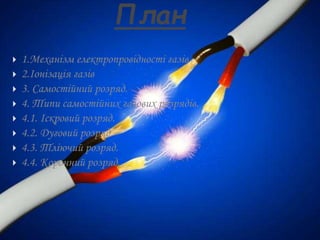 План
 1.Механізм електропровідності газів
 2.Іонізація газів
 3. Самостійний розряд.
 4. Типи самостійних газових розрядів.
 4.1. Іскровий розряд.
 4.2. Дуговий розряд.
 4.3. Тліючий розряд.
 4.4. Коронний розряд.
 