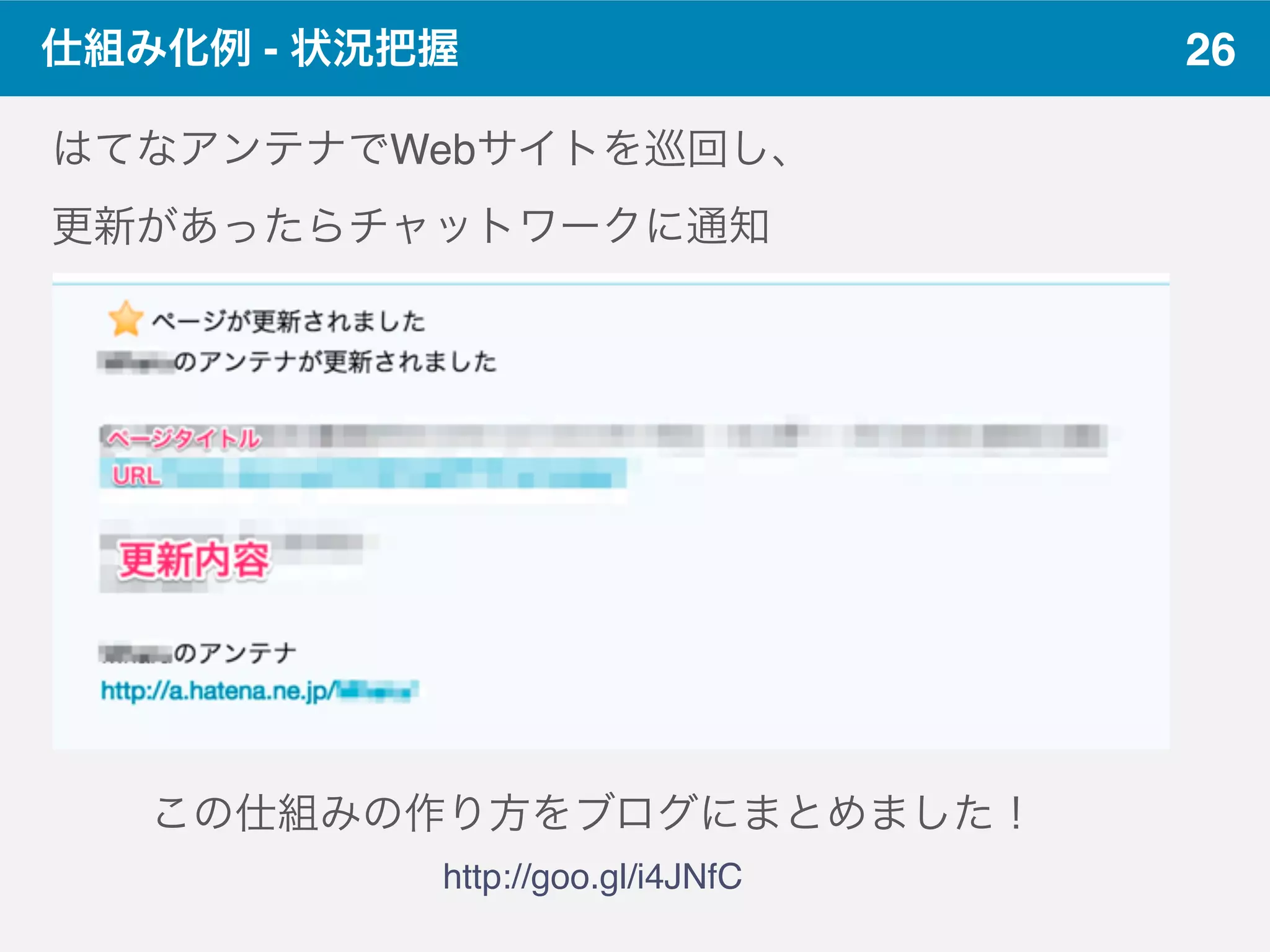 26仕組み化例 - 状況把握
はてなアンテナでWebサイトを巡回し、
更新があったらチャットワークに通知
この仕組みの作り方をブログにまとめました！
http://goo.gl/i4JNfC
 
