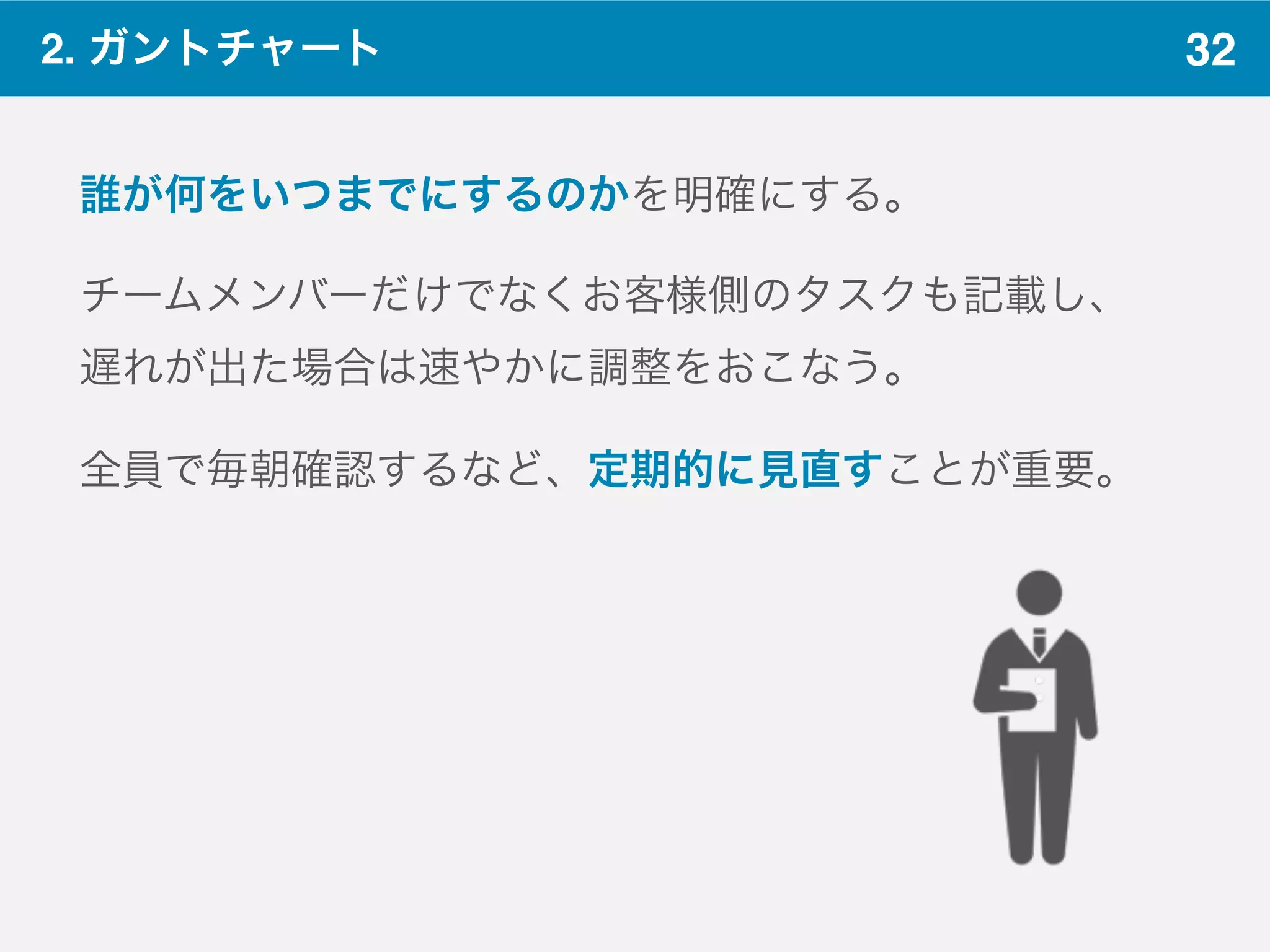 322. ガントチャート
誰が何をいつまでにするのかを明確にする。
チームメンバーだけでなくお客様側のタスクも記載し、
遅れが出た場合は速やかに調整をおこなう。
全員で毎朝確認するなど、定期的に見直すことが重要。
 