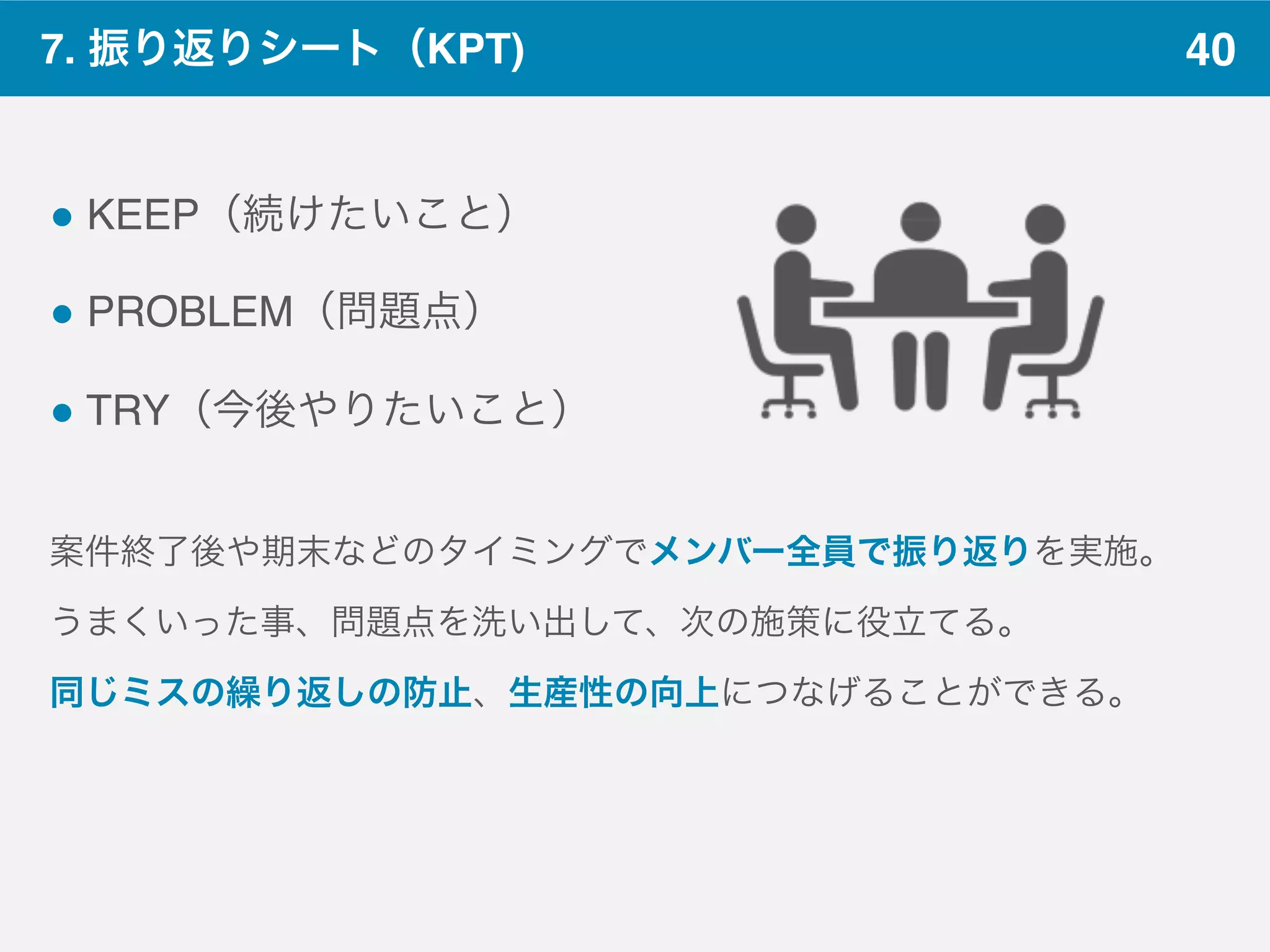 407. 振り返りシート（KPT)
! KEEP（続けたいこと）
! PROBLEM（問題点）
! TRY（今後やりたいこと）
案件終了後や期末などのタイミングでメンバー全員で振り返りを実施。
うまくいった事、問題点を洗い出して、次の施策に役立てる。
同じミスの繰り返しの防止、生産性の向上につなげることができる。
 
