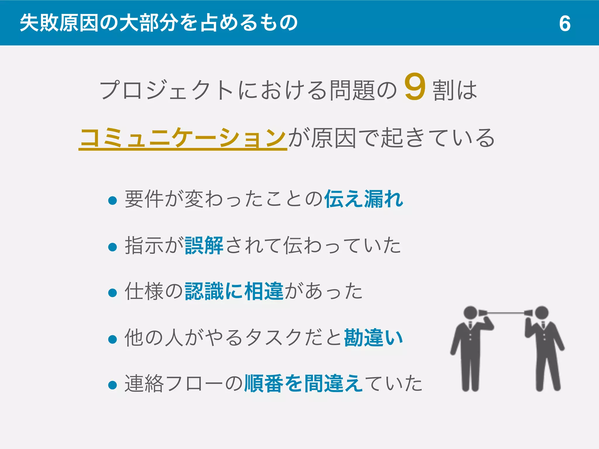 6失敗原因の大部分を占めるもの
プロジェクトにおける問題の９割は
コミュニケーションが原因で起きている
! 要件が変わったことの伝え漏れ
! 指示が誤解されて伝わっていた
! 仕様の認識に相違があった
! 他の人がやるタスクだと勘違い
! 連絡フローの順番を間違えていた
 