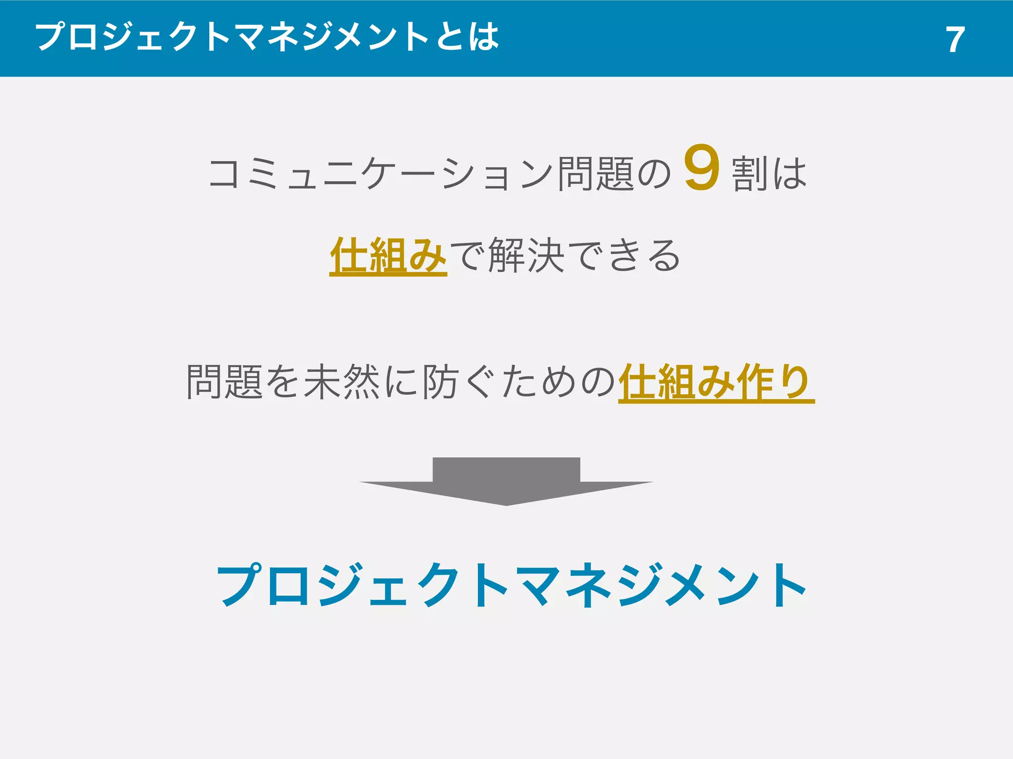 7プロジェクトマネジメントとは
コミュニケーション問題の９割は
仕組みで解決できる
問題を未然に防ぐための仕組み作り
プロジェクトマネジメント
 
