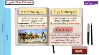 αυτός που αγαπάει την
πατρίδα, τη χώρα του·
πατριώτης: Σ΄ όλη του τη ζωή
υπήρξε φλογερός πατριώτης.
η αγάπη προς την πατρίδα·
πατριωτισμός: Έδωσε
δείγματα υψηλής φιλοπατρίας.
που δεν έχει πατρίδα, συνήθ. ως
χαρακτηρισμός του ανθρώπου
που δρα αντίθετα στα
συμφέροντα της πατρίδας του.
 