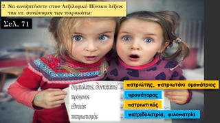 πατριώτης, πατριωτάκι ομοπάτριος
προπάτορας
πατριωτικός
πατριδολατρία, φιλοπατρία
 