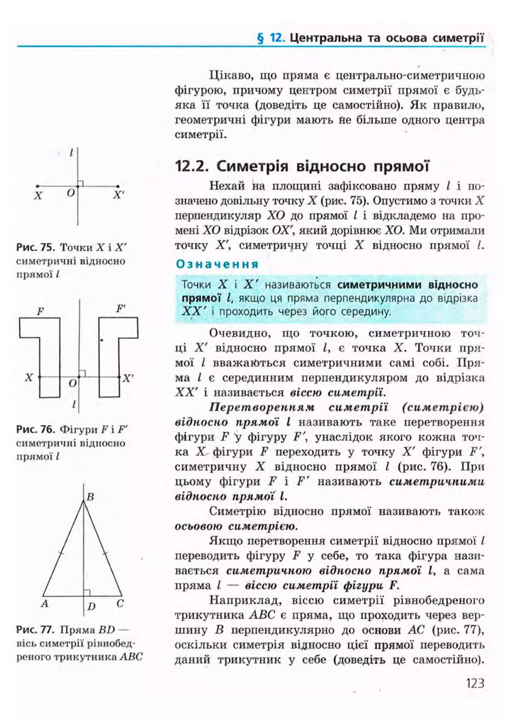 § 12. Центральна та осьова симетрії
О
Рис. 75. Точки X і X'
симетричні відносно
прямої /
F'
X X'
Рис. 76. Фігури F і F'
симетричні підносно
прямої /
Рис. 77. Пряма BD —
вісь симетрії рівнобед-
реного трикутника ABC
Цікаво, що пряма є центрально-симетричною
фігурою, причому центром симетрії прямої є будь-
яка її точка (доведіть це самостійно). Як правило,
геометричні фігури мають не більше одного центра
симетрії.
12.2. Симетрія відносно прямої
Нехай на площині зафіксовано пряму І і по-
значено довільну точку X (рис. 75). Опустимо з точки X
перпендикуляр ХО до прямої І і відкладемо на про-
мені ХО відрізок ОХ', який дорівнює ХО. Ми отримали
точку X', симетричну точці X відносно прямої І.
О з н а ч е н н я
Точки X і X ' називаються симетричними відносно
прямої І, якщо ця пряма перпендикулярна до відрізка
XX' і проходить через його середину.
Очевидно, що точкою, симетричною точ-
ці X' відносно прямої І, є точка X. Точки пря-
мої І вважаються симетричними самі собі. Пря-
ма І є серединним перпендикуляром до відрізка
XX' і називається віссю симетрії.
Перетворенням симетрії (симетрією)
відносно прямої І називають таке перетворення
фігури F у фігуру F', унаслідок якого кожна точ-
ка X фігури F переходить у точку X' фігури F',
симетричну X відносно прямої І (рис. 76). При
цьому фігури F і F' називають симетричними
відносно прямої І.
Симетрію відносно прямої називають також
осьовою симетрією.
Якщо перетворення симетрії відносно прямої /
переводить фігуру F у себе, то така фігура нази-
вається симетричною відносно прямої І, а сама
пряма І — віссю симетрії фігури F.
Наприклад, віссю симетрії рівнобедреного
трикутника ABC є пряма, що проходить через вер-
шину В перпендикулярно до основи АС (рис. 77),
оскільки симетрія відносно цієї прямої переводить
даний трикутник у себе (доведіть це самостійно).
123
 
