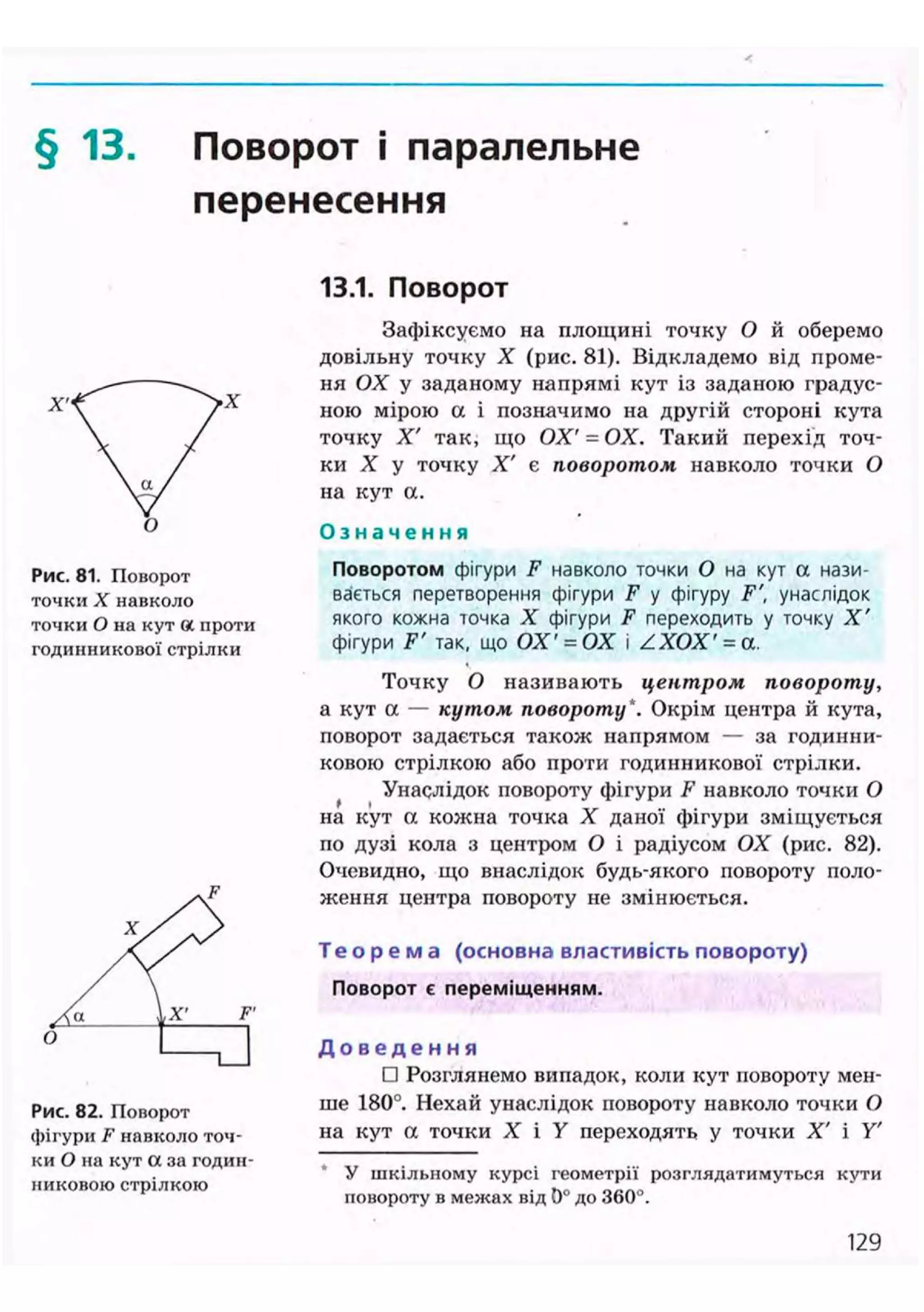 § 13. Поворот і паралельне
перенесення
Рис. 81. Поворот
точки X навколо
точки О на кут ос проти
годинникової стрілки
Рис. 82. Поворот
фігури Fнавколо точ-
ки О на кут а за годин-
никовою стрілкою
13.1. Поворот
Зафіксуємо на площині точку О й оберемо
довільну точку X (рис. 81). Відкладемо від проме-
ня ОХ у заданому напрямі кут із заданою градус-
ною мірою а і позначимо на другій стороні кута
точку X' так, що ОХ' = ОХ. Такий перехід точ-
ки X у точку X' є поворотом навколо точки О
на кут а.
О з н а ч е н н я
Поворотом фігури F навколо точки О на кут а нази-
вається перетворення фігури F у фігуру F', унаслідок
якого кожна точка X фігури F переходить у точку X '
фігури F' так, що ОХ' = ОХ і ZXOX'= а.
Точку О називають центром повороту,
а кут а — кутом повороту*. Окрім центра й кута,
поворот задається також напрямом — за годинни-
ковою стрілкою або проти годинникової стрілки.
Унаслідок повороту фігури F навколо точки О
на кут а кожна точка X даної фігури зміщується
по дузі кола з центром О і радіусом ОХ (рис. 82).
Очевидно, що внаслідок будь-якого повороту поло-
ження центра повороту не змінюється.
Т е о р е м а (основна властивість повороту)
Поворот є переміщенням.
Д о в е д е н н я
• Розглянемо випадок, коли кут повороту мен-
ше 180°. Нехай унаслідок повороту навколо точки О
на кут а точки X і У переходять у точки X' і У
У шкільному курсі геометрії розглядатимуться кути
повороту в межах від 0° до 360".
129
 
