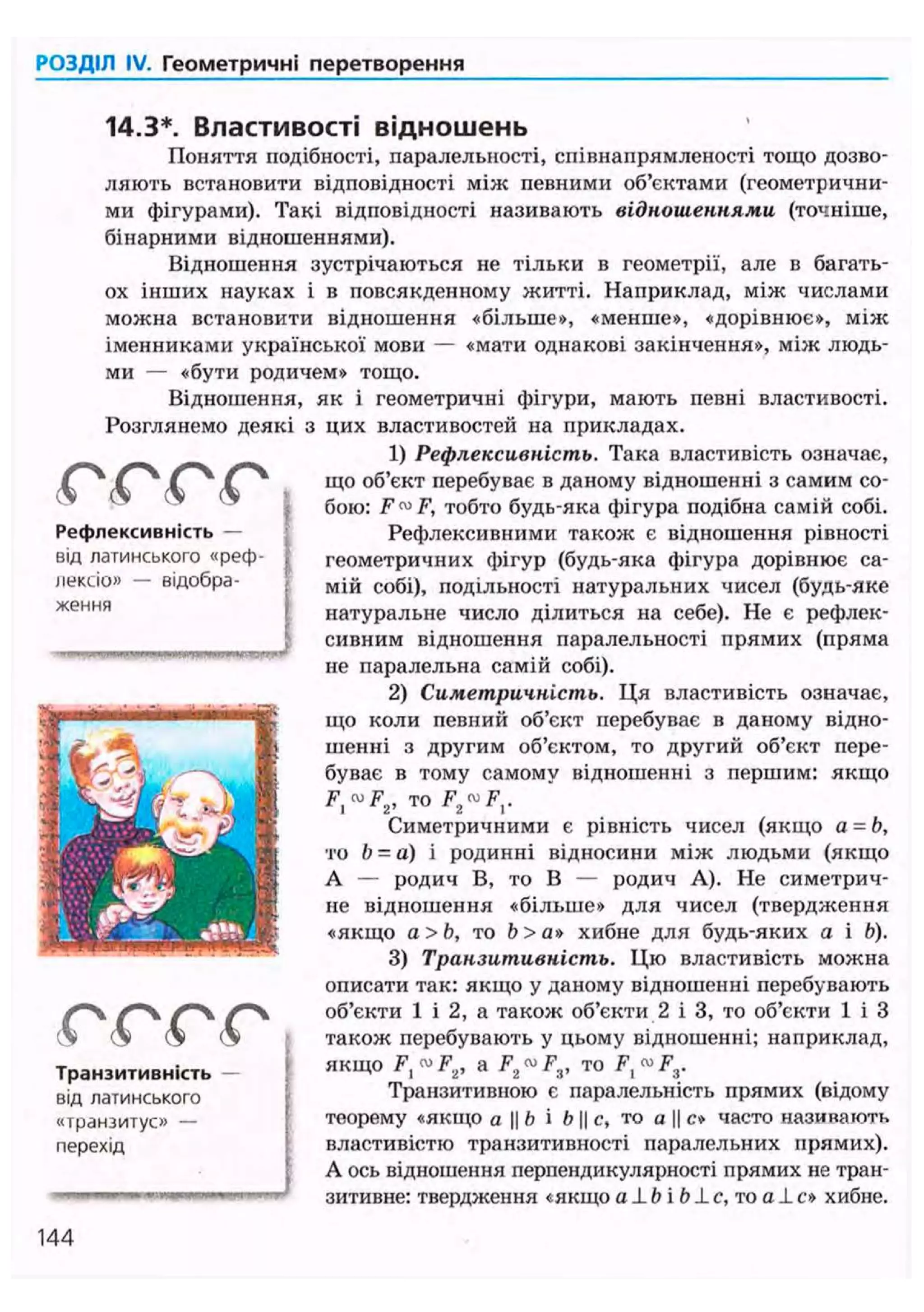 РОЗДІЛ IV. Геометричні перетворення
14.3*. Властивості відношень
Поняття подібності, паралельності, співнапрямленості тощо дозво-
ляють встановити відповідності між певними об'єктами (геометрични-
ми фігурами). Такі відповідності називають відношеннями (точніше,
бінарними відношеннями).
Відношення зустрічаються не тільки в геометрії, але в багать-
ох інших науках і в повсякденному житті. Наприклад, між числами
можна встановити відношення «більше», «менше», «дорівнює», між
іменниками української мови — «мати однакові закінчення», між людь-
ми — «бути родичем» тощо.
Відношення, як і геометричні фігури, мають певні властивості.
Розглянемо деякі з цих властивостей на прикладах.
1) Рефлексивність. Така властивість означає,
що об'єкт перебуває в даному відношенні з самим со-
бою: F™ F, тобто будь-яка фігура подібна самій собі.
Рефлексивними також є відношення рівності
геометричних фігур (будь-яка фігура дорівнює са-
мій собі), подільності натуральних чисел (будь-яке
натуральне число ділиться на себе). Не є рефлек-
сивним відношення паралельності прямих (пряма
не паралельна самій собі).
2) Симетричність. Ця властивість означає,
що коли певний об'єкт перебуває в даному відно-
шенні з другим об'єктом, то другий об'єкт пере-
буває в тому самому відношенні з першим: якщо
F, ™ F2, то F2 ~F,.
Симетричними є рівність чисел (якщо а = Ь,
то b - а) і родинні відносини між людьми (якщо
А — родич В, то В — родич А). Не симетрич-
не відношення «більше» для чисел (твердження
«якщо а>Ь, то Ь>а» хибне для будь-яких а і Ь).
3) Транзитивність. Цю властивість можна
описати так: якщо у даному відношенні перебувають
об'єкти 1 і 2, а також об'єкти 2 і 3, то об'єкти 1 і З
також перебувають у цьому відношенні; наприклад,
якщо F, ™ F2, a F2 ™ F3, то F, ~ F3.
Транзитивною є паралельність прямих (відому
теорему «якщо а || b і Ь || с, то а || с» часто називають
властивістю транзитивності паралельних прямих).
А ось відношення перпендикулярності прямих не тран-
зитивне: твердження «якщо а 1 b і b 1 с, то а 1 с* хибне.
Рефлексивність —
від латинського «реф-
лексіо» — відобра-
ження
Транзитивність —
від латинського
«транзитус» —
перехід
144
 