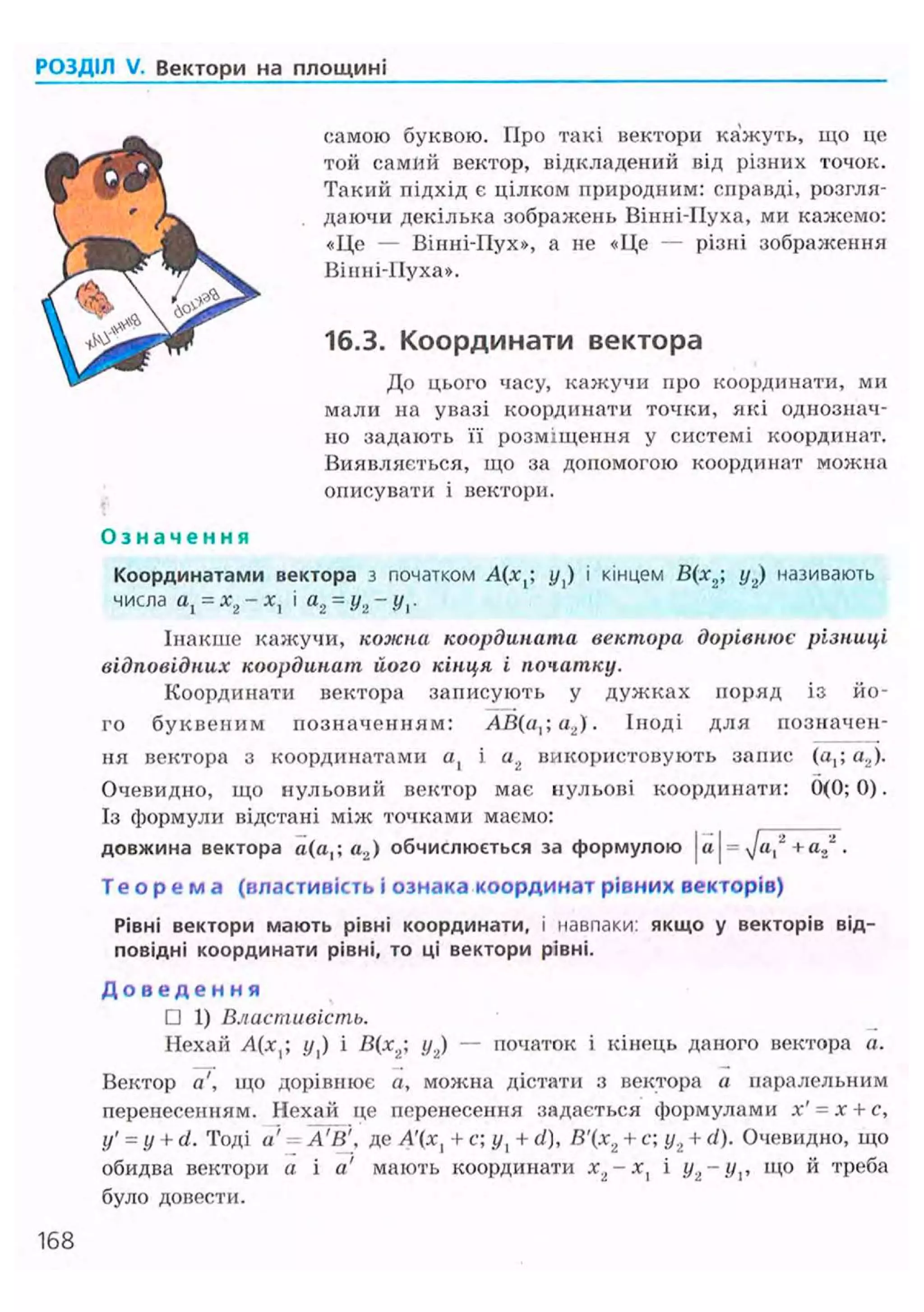 РОЗДІЛ V. Вектори на площині
самою буквою. ГІро такі вектори кажуть, що це
той самий вектор, відкладений від різних точок.
Такий підхід є цілком природним: справді, розгля-
даючи декілька зображень Вінні-Пуха, ми кажемо:
«Це — Вінні-Ilyx», а не «Це — різні зображення
Вінні-Пуха».
16.3. Координати вектора
До цього часу, кажучи про координати, ми
мали на увазі координати точки, які однознач-
но задають її розміщення у системі координат.
Виявляється, що за допомогою координат можна
описувати і вектори.
Координатами вектора з початком </,) і кінцем В(х2 у2) називають
числа а, = х2 -х} і аг = у2-уг
Інакше кажучи, кожна координата вектора дорівнює різниці
відповідних координат його кінця і початку.
Координати вектора записують у дужках поряд із йо-
го буквеним позначенням: АВ(аха2). Іноді для позначен-
ня вектора з координатами а, і а2 використовують запис (а,; а2).
Очевидно, що нульовий вектор має нульові координати: 0(0; 0).
Із формули відстані між точками маємо:
довжина вектора а(а,; а2) обчислюється за формулою j = ^/а,2 +а2 ".
Т е о р е м а (властивість і ознака координат рівних векторів)
Рівні вектори мають рівні координати, і навпаки: якщо у векторів від-
повідні координати рівні, то ці вектори рівні.
Д о в е д е н н я
• 1) Властивість.
Нехай Л(х,; (у,) і В(х2; у2) — початок і кінець даного вектора а.
Вектор а', що дорівнює а, можна дістати з вектора а паралельним
перенесенням. Нехай це перенесення задається формулами х' = х + с,
у' = y + d. Тоді а' = АГ
В де + с; І/, + d), В'(х2 + с;у2 + d). Очевидно, що
обидва вектори а і а' мають координати x2-xt і у2-уг що й треба
було довести.
168
 