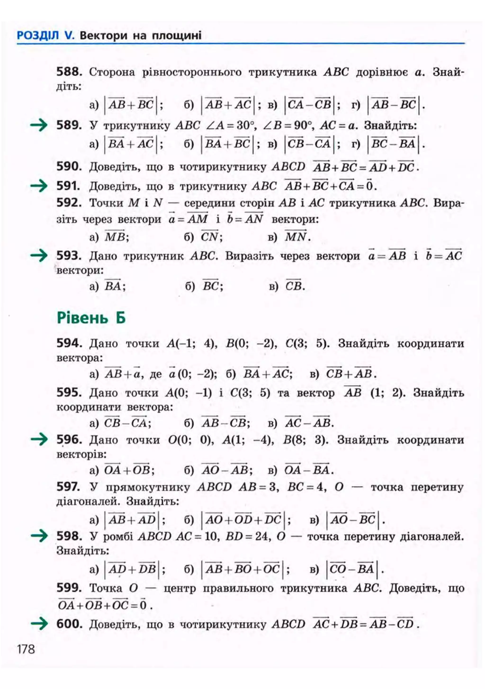 РОЗДІЛ V. Вектори на площині
588. Сторона рівностороннього трикутника ABC дорівнює а. Знай-
діть:
а) АВ + ВС ; б) АВ + АС ; в) С А - С В ; г) I АВ - ВС І
589. У трикутнику ABC ZA = 30°, Z B = 90°, АС = а. Знайдіть:
а) І ВА + AC J; б) |ВА + ВС|; в) СВ-СА ; г) В С - В А |
590. Доведіть, що в чотирикутнику ABCD AB+BC = AD + DC-
—^ 591. Доведіть, що в трикутнику ABC АВ+ВС+СА = б.
592. Точки М і N — середини сторін АВ і АС трикутника ABC. Вира-
зіть через вектори а = AM і b = AN вектори:
a) MB; б) CN; в) MN.
593. Дано трикутник ABC. Виразіть через вектори а = АВ і Ь = АС
вектори:
а) ВА; б) ВС; в) СВ.
Рівень Б
594. Дано точки А(-1; 4), В(0; -2), С(3; 5). Знайдіть координати
вектора:
а) АВ + а, де а(0; -2); б) ВА + АС; в) СВ + АВ.
595. Дано точки А(0; -1) і С(3; 5) та вектор АВ (1; 2). Знайдіть
координати вектора:
а) СВ-СА; б) АВ-СВ; в) АС-АВ.
—^ 596. Дано точки 0(0; 0), А(1; -4), В(8; 3). Знайдіть координати
векторів:
а) Ы. + Ш; б) А О - А В ; в) Ш-ВА.
597. У прямокутнику ABCD АВ = З, ВС = 4 , 0 — точка перетину
діагоналей. Знайдіть:
а) J АВ + AD І; б) AO + OD + DC; в)|аО-ВС|.
598. У ромбі ABCD АС = 10, BD = 24, О — точка перетину діагоналей.
Знайдіть:
a) J A D + D B І ; б) [ А В + В О + О С | ; В ) | С О - В А | .
599. Точка О — центр правильного трикутника ABC. Доведіть, що
OA + OB + ОС = б .
600. Доведіть, що в чотирикутнику ABCD АС + DB = AB-CD .
178
 