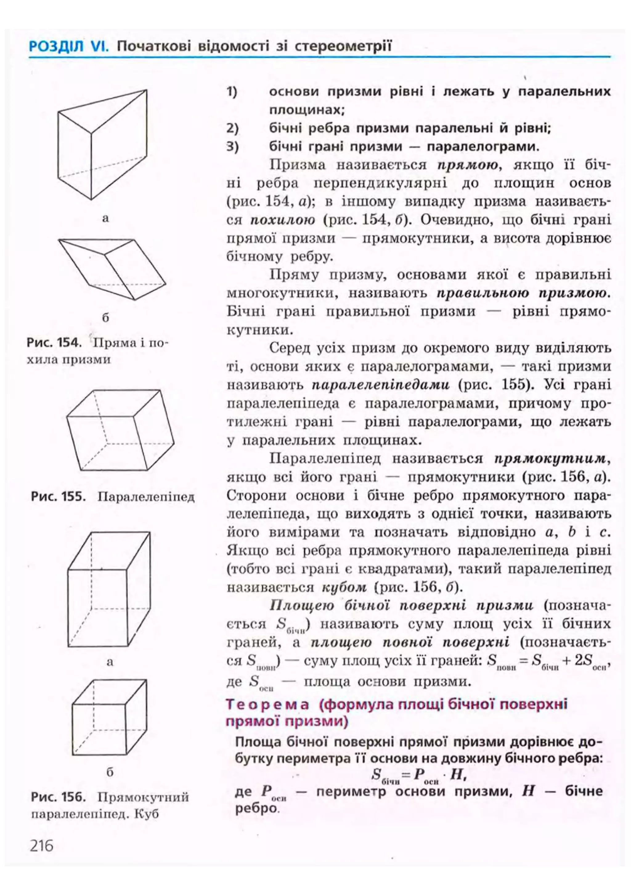 РОЗДІЛ VI. Початкові відомості зі стереометрії
і лежать у паралельних
Рис. 154. Пряма і по-
хила призми
Рис. 155. Паралелепіпед
/ /
/ //
а
Рис. 156. Прямокутний
паралелепіпед. Куб
1) основи призми рівні
площинах;
2) бічні ребра призми паралельні й рівні;
3) бічні грані призми — паралелограми.
Призма називається прямою, якщо її біч-
ні ребра перпендикулярні до площин основ
(рис. 154, а); в іншому випадку призма називаєть-
ся похилою (рис. 154, б). Очевидно, що бічні грані
прямої призми — прямокутники, а висота дорівнює
бічному ребру.
Пряму призму, основами якої є правильні
многокутники, називають правильною призмою.
Бічні грані правильної призми — рівні прямо-
кутники.
Серед усіх призм до окремого виду виділяють
ті, основи яких є паралелограмами, — такі призми
називають паралелепіпедами (рис. 155). Усі грані
паралелепіпеда є паралелограмами, причому про-
тилежні грані — рівні паралелограми, що лежать
у паралельних площинах.
Паралелепіпед називається прямокутним,
якщо всі його грані — прямокутники (рис. 156, а).
Сторони основи і бічне ребро прямокутного пара-
лелепіпеда, що виходять з однієї точки, називають
його вимірами та позначать відповідно a, b і с.
Якщо всі ребра прямокутного паралелепіпеда рівні
(тобто всі грані є квадратами), такий паралелепіпед
називається кубом (рис. 156, б).
Площею бічної поверхні призми (познача-
ється <S6.iim) називають суму площ усіх її бічних
граней, а площею повної поверхні (позначаєть-
ся S ) — суму площ усіх її граней: S = S.. + 2S ,ПОВ1Г ' ^ новії оічн оси'
де Snru — площа основи призми.
Т е о р е м а (формула площі бічної поверхні
прямої призми)
Площа бічної поверхні прямої призми дорівнює до-
бутку периметра її основи на довжину бічного ребра:
SA=P Н.бі'ІІІ оси
де Р — периметр основи призми, Н — бічне
ребро
216
 