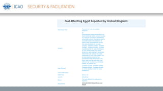 Reporting State: United Kingdom
Information Source Type: NOTAM
State Affected: Egypt
Information Source Reference: 14/12/0274 AS6
Information Title:
Potential risk from anti-aviation
weaponry
Content:
Q)
EGXX/QROXX/IV/NBO/W/000/999/5218
N01451W999 B) FROM: 15/11/18 16:00C)
TO: 16/02/16 23:59 EST E) HAZARDOUS
SITUATION IN EGYPT. POTENTIAL RISK TO
AVIATION OVERFLYING AIRSPACE IN
NORTH SINAI GOVERNORATE WITHIN
THE AREA BOUNDED BY 311400N
322200E - 294000N 324000E - 293000N
345400E - 312000N 341200E - 311400N
322200E (CAIRO FIR, SINAI PENINSULA)
AT LESS THAN 25000FT AGL FROM
DEDICATED ANTI-AIRCRAFT WEAPONRY.
OPERATORS ARE ADVISED TO AVOID
OPERATING AT LESS THAN 25000FT AGL
IN THIS AIRSPACE. CONTACT UK
DEPARTMENT FOR TRANSPORT (+44)
(0)20 7944 3260 OR (+44) (0)207 944
5999 OUT OF HOURS. 14-12-0274/AS6.
LOWER: SFC UPPER: UNL
Area Affected:
311400N 322200E - 294000N 324000E -
293000N 345400E - 312000N 341200E -
311400N 322200E (CAIRO FIR, SINAI
PENINSULA)
Link to Information:
Valid From: 2015-11-15
Valid To: 2016-02-16
Status:
The State Affected has indicated an
objection.
Attachments:
2014120274NOT70SinaiFIRCairo text
NB.pdf
Post Affecting Egypt Reported by United Kingdom:
 