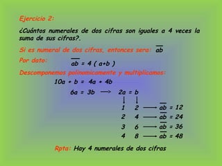 Ejercicio 2:
¿Cuántos numerales de dos cifras son iguales a 4 veces la
suma de sus cifras?.
Si es numeral de dos cifras, entonces sera: ab
10a + b =
2a = b
Por dato:
ab = 4 ( a+b )
Descomponemos polinomicamente y multiplicamos:
6a =
1 2
2 4
ab =
ab =
4a + 4b
3b
12
24
3 6
4 8
ab =
ab =
36
48
Rpta: Hay 4 numerales de dos cifras
 