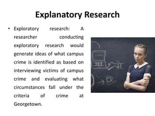 Explanatory Research
• Exploratory research: A
researcher conducting
exploratory research would
generate ideas of what campus
crime is identified as based on
interviewing victims of campus
crime and evaluating what
circumstances fall under the
criteria of crime at
Georgetown.
 