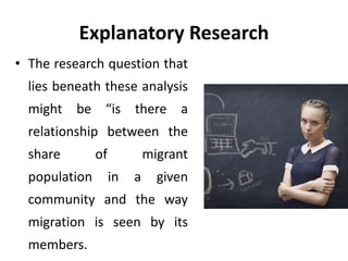 Explanatory Research
• The research question that
lies beneath these analysis
might be “is there a
relationship between the
share of migrant
population in a given
community and the way
migration is seen by its
members.
 