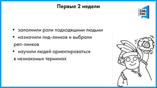 • заполнили роли подходящими людьми
• назначили лид-линков и выбрали  
реп-линков
• научили людей ориентироваться  
в незнакомых терминах
Первые 2 недели
 