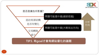 7
是否是廣告所影響?
造訪來源結構
是否有變化
交易轉換
減少
問題可能是什麼(細部挖掘)
問題可能是什麼(大略找出方向)
分析
方向
TIP3. 有goal才會有網站優化的議題
 