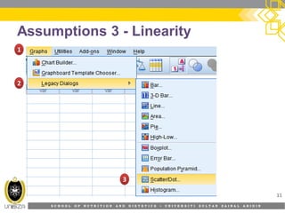 S C H O O L O F N U T R I T I O N A N D D I E T E T I C S • U N I V E R S I T I S U L T A N Z A I N A L A B I D I N
Assumptions 3 - Linearity
11
11
22
33
 