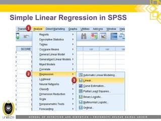 S C H O O L O F N U T R I T I O N A N D D I E T E T I C S • U N I V E R S I T I S U L T A N Z A I N A L A B I D I N
Simple Linear Regression in SPSS
11
22
33
 