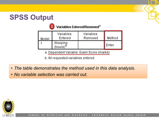 S C H O O L O F N U T R I T I O N A N D D I E T E T I C S • U N I V E R S I T I S U L T A N Z A I N A L A B I D I N
SPSS Output
11
• The table demonstrates the method used in this data analysis.
•
• The table demonstrates the method used in this data analysis.
• No variable selection was carried out.
 