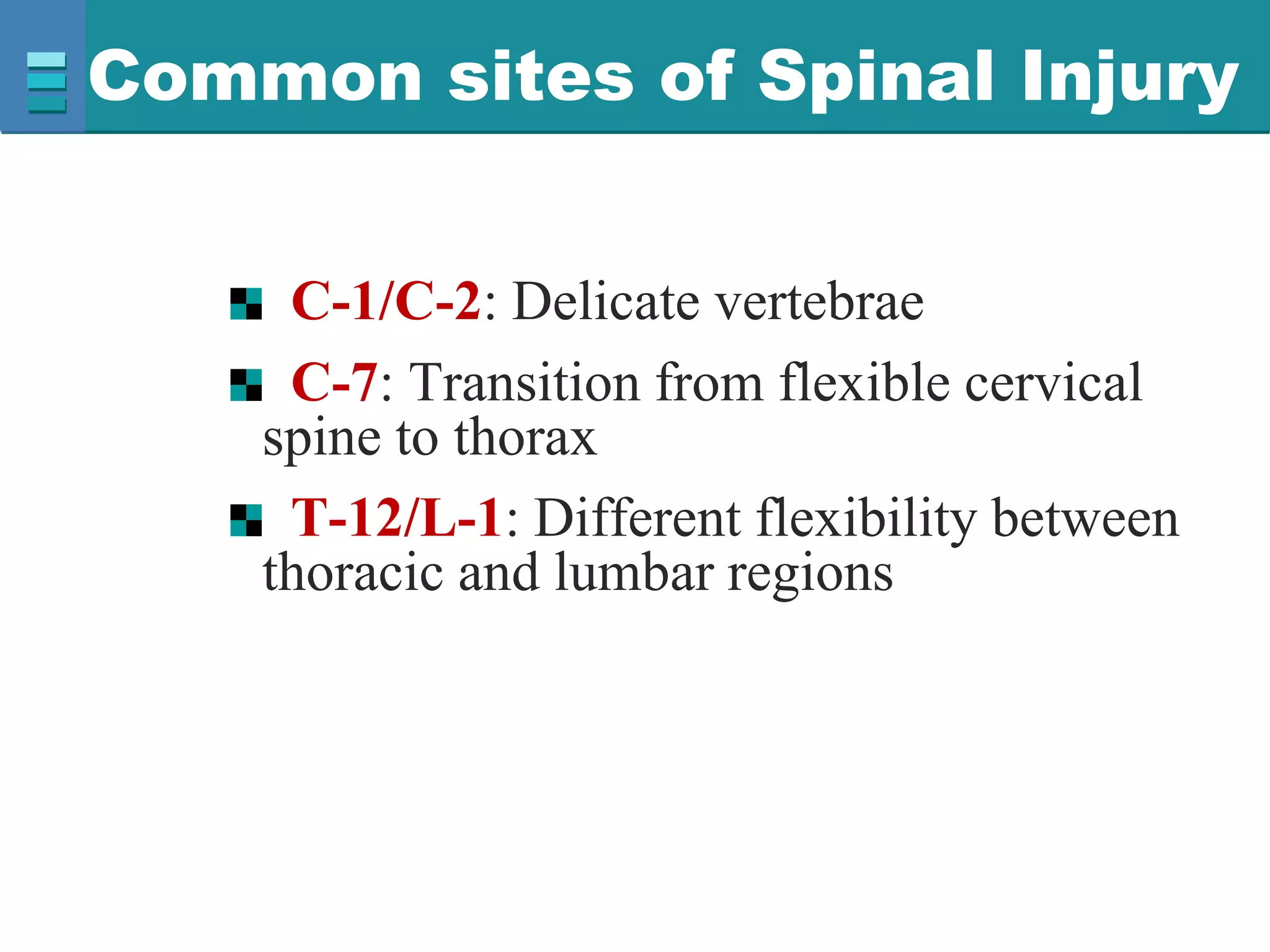 Common sites of Spinal Injury
C-1/C-2: Delicate vertebrae
C-7: Transition from flexible cervical
spine to thorax
T-12/L-1: Different flexibility between
thoracic and lumbar regions
 