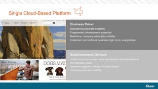 SuiteCommerce Delivers
Business Driver
Maintaining separate systems
Fragmented development expertise
Real-time, company-wide data visibility
Implement and enforce business logic once, everywhere
Unified ecommerce and in store with backend business systems
No integration costs
Seamless upgrades, always on latest release
Enterprise-wide data visibility
Single Cloud-Based Platform
 