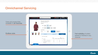 Omnichannel Servicing
Full visibility of orders
started or finished in any
channel
Carts and product lists
available in all channels
Endless aisle
 