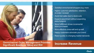 Omnichannel Order Management Provides
Significant Business Value and ROI
Satisfied omnichannel shoppers buy more
Higher customer satisfaction, retention,
re-order/ renewal
Avoid lost sales due to stock-outs
Expand assortment without expanding
store footprint
Store fulfillment drives incremental
store purchases
More effective cross-sell and up-sell
Happy customers advocate your brand
React quickly to changing market demands
Increase Revenue
 