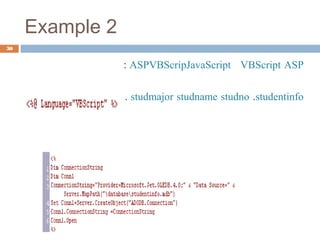 Example 2
ASPVBScriptJavaScriptVBScripASP:
studentinfo.studnostudnamestudmajor.
30
 