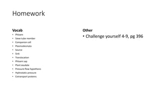 Homework
Vocab
• Phloem
• Sieve tube member
• Companion cell
• Plasmodesmata
• Source
• Sink
• Translocation
• Phloem sap
• Plant exudate
• Pressure-flow hypothesis
• Hydrostatic pressure
• Cotransport proteins
Other
• Challenge yourself 4-9, pg 396
 
