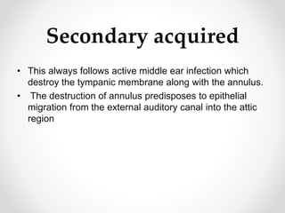 Secondary acquired
• This always follows active middle ear infection which
destroy the tympanic membrane along with the annulus.
• The destruction of annulus predisposes to epithelial
migration from the external auditory canal into the attic
region
 