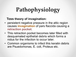 Pathophysiology
Toss theory of invagination:
• persistent negative pressure in the attic region
causes invagination of pars flaccida causing a
retraction pocket.
• This retraction pocket becomes later filled with
desquamated epithelial debris which forms a
nidus for the infection to occur later.
• Common organisms to infect this keratin debris
are Psuedomonas, E. coli, Proteus etc.
 