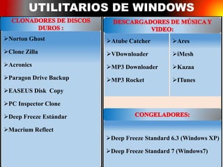 UTILITARIOS DE WINDOWS
Norton Ghost
Clone Zilla
Acronics
Paragon Drive Backup
EASEUS Disk Copy
PC Inspector Clone
Deep Freeze Estándar
Macrium Reflect
Deep Freeze Standard 6.3 (Windows XP)
Deep Freeze Standard 7 (Windows7)
Atube Catcher
VDownloader
MP3 Downloader
MP3 Rocket
Ares
iMesh
Kazaa
ITunes
 