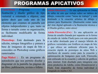 PROGRAMAS APICATIVOS
Corel Draw : Programa de
ilustración y diseño gráfico de tipo
vectorial u orientado a objetos; esto
quiere decir que cada uno de los
elemento que creamos en pantalla son
objetos independientes y que, tanto su
forma o tamaño como su organización,
es fácilmente modificable de forma
individual.
Photoshop: Está destinado para la
edición, retoque fotográfico y pintura a
base de imágenes de mapa de bits o
conocidos en Photoshop como gráficos
rasterizados.
Page Maker : Es un programa de
autoedición que nos permite diseñar y
diagramar en la pantalla las páginas de
un libro, publicación, revista o folleto.
Adobe Illustrator : Es una aplicación en forma
de taller de arte que trabaja sobre un tablero de
dibujo, conocido como "mesa de trabajo" y está
destinado a la creación artística de dibujo y
pintura para Ilustración. (Ilustración como rama
del Arte digital aplicado a la Ilustración técnica o
el Diseño gráfico, entre otros)
Adobe Fireworks (Fw) : Es una aplicación en
forma de estudio (basada por supuesto en la forma
de estudio de Adobe Flash) pero con más parecido
a un taller destinado para el manejo híbrido de
gráficos vectoriales con Gráficos en mapa de bits
y que ofrece un ambiente eficiente para la
creación rápida de prototipos de sitios Web e
interfaces de usuario como para la creación y
optimización de Imágenes para web. Fireworks
está enfocado en la creación y edición de gráficos
para internet. Está diseñado para integrarse con
otros productos de Adobe, como Dreamweaver y
Flash. Está disponible de forma individual o
integrado en Adobe CS3.
 