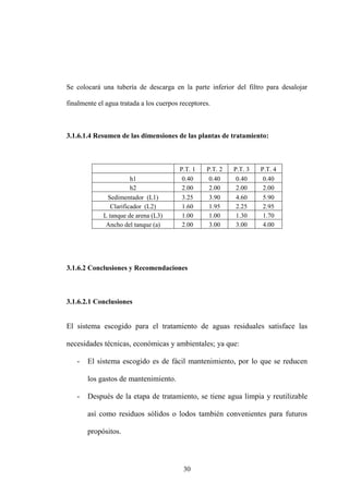 30
Se colocará una tubería de descarga en la parte inferior del filtro para desalojar
finalmente el agua tratada a los cuerpos receptores.
3.1.6.1.4 Resumen de las dimensiones de las plantas de tratamiento:
P.T. 1 P.T. 2 P.T. 3 P.T. 4
h1 0.40 0.40 0.40 0.40
h2 2.00 2.00 2.00 2.00
Sedimentador (L1) 3.25 3.90 4.60 5.90
Clarificador (L2) 1.60 1.95 2.25 2.95
L tanque de arena (L3) 1.00 1.00 1.30 1.70
Ancho del tanque (a) 2.00 3.00 3.00 4.00
3.1.6.2 Conclusiones y Recomendaciones
3.1.6.2.1 Conclusiones
El sistema escogido para el tratamiento de aguas residuales satisface las
necesidades técnicas, económicas y ambientales; ya que:
- El sistema escogido es de fácil mantenimiento, por lo que se reducen
los gastos de mantenimiento.
- Después de la etapa de tratamiento, se tiene agua limpia y reutilizable
así como residuos sólidos o lodos también convenientes para futuros
propósitos.
 