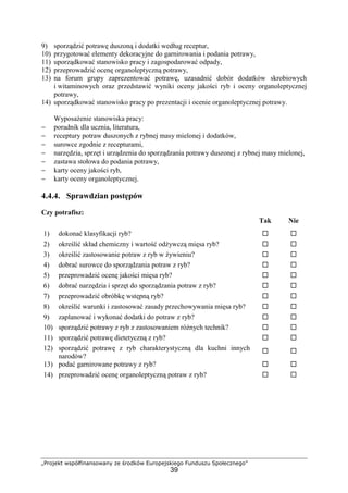 „Projekt współfinansowany ze środków Europejskiego Funduszu Społecznego”
39
9) sporządzić potrawę duszoną i dodatki według receptur,
10) przygotować elementy dekoracyjne do garnirowania i podania potrawy,
11) uporządkować stanowisko pracy i zagospodarować odpady,
12) przeprowadzić ocenę organoleptyczną potrawy,
13) na forum grupy zaprezentować potrawę, uzasadnić dobór dodatków skrobiowych
i witaminowych oraz przedstawić wyniki oceny jakości ryb i oceny organoleptycznej
potrawy,
14) uporządkować stanowisko pracy po prezentacji i ocenie organoleptycznej potrawy.
Wyposażenie stanowiska pracy:
− poradnik dla ucznia, literatura,
− receptury potraw duszonych z rybnej masy mielonej i dodatków,
− surowce zgodnie z recepturami,
− narzędzia, sprzęt i urządzenia do sporządzania potrawy duszonej z rybnej masy mielonej,
− zastawa stołowa do podania potrawy,
− karty oceny jakości ryb,
− karty oceny organoleptycznej.
4.4.4. Sprawdzian postępów
Czy potrafisz:
Tak Nie
1) dokonać klasyfikacji ryb? ! !
2) określić skład chemiczny i wartość odżywczą mięsa ryb? ! !
3) określić zastosowanie potraw z ryb w żywieniu? ! !
4) dobrać surowce do sporządzania potraw z ryb? ! !
5) przeprowadzić ocenę jakości mięsa ryb? ! !
6) dobrać narzędzia i sprzęt do sporządzania potraw z ryb? ! !
7) przeprowadzić obróbkę wstępną ryb? ! !
8) określić warunki i zastosować zasady przechowywania mięsa ryb? ! !
9) zaplanować i wykonać dodatki do potraw z ryb? ! !
10) sporządzić potrawy z ryb z zastosowaniem różnych technik? ! !
11) sporządzić potrawę dietetyczną z ryb? ! !
12) sporządzić potrawę z ryb charakterystyczną dla kuchni innych
narodów?
! !
13) podać garnirowane potrawy z ryb? ! !
14) przeprowadzić ocenę organoleptyczną potraw z ryb? ! !
 