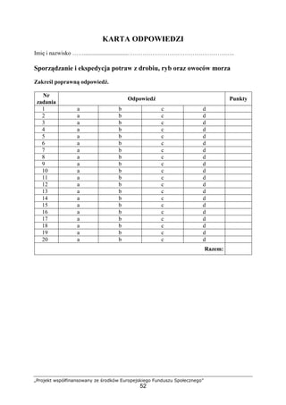 „Projekt współfinansowany ze środków Europejskiego Funduszu Społecznego”
52
KARTA ODPOWIEDZI
Imię i nazwisko ……..............................………………………………………………..
Sporządzanie i ekspedycja potraw z drobiu, ryb oraz owoców morza
Zakreśl poprawną odpowiedź.
Nr
zadania
Odpowiedź Punkty
1 a b c d
2 a b c d
3 a b c d
4 a b c d
5 a b c d
6 a b c d
7 a b c d
8 a b c d
9 a b c d
10 a b c d
11 a b c d
12 a b c d
13 a b c d
14 a b c d
15 a b c d
16 a b c d
17 a b c d
18 a b c d
19 a b c d
20 a b c d
Razem:
 
