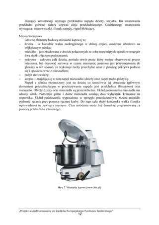 „Projekt współfinansowany ze środków Europejskiego Funduszu Społecznego”
12
BieŜącej konserwacji wymaga przekładnia napędu dzieŜy, łoŜyska. Do smarowania
przekładni głównej naleŜy uŜywać oleju przekładniowego. Codziennego smarowania
wymagają: smarowniczki, ślimak napędu, rygiel blokujący.
Miesiarka kątowa
Główne elementy budowy miesiarki kątowej to:
− dzieŜa – w kształcie walca zaokrąglonego w dolnej części, osadzona obrotowo na
trójkołowym wózku;
− miesidło – jest zbudowane z dwóch połączonych ze sobą rozwiniętych spirali tworzących
dwa stoŜki złączone podstawami;
− pokrywa – zakrywa całą dzieŜę, posiada otwór przez który moŜna obserwować proces
miesienia, lub dozować surowce w czasie miesienia; pokrywa jest przymocowana do
głowicy w ten sposób, Ŝe wykonuje ruchy przechylne wraz z głowicą; pokrywa podnosi
się i opuszcza wraz z mieszadłem;
− pulpit sterowniczy;
− korpus – znajdują się w nim napęd mieszadła i dzieŜy oraz napęd ruchu pokrywy.
Napęd z silnika przenoszony jest na dzieŜę co umoŜliwia jej obracanie (głównym
elementem pośredniczącym w przekazywaniu napędu jest przekładnia ślimakowa) oraz
mieszadło. Obroty dzieŜy oraz mieszadła są przeciwbieŜne. Układ podnoszenia mieszadła ma
własny silnik. PołoŜenie górne i dolne mieszadła ustalają dwa wyłączniki krańcowe na
wsporniku. Układ podnoszenia wyposaŜono w sprzęgło przeciąŜeniowe. MoŜna miesidło
podnosić ręcznie przy pomocy ręcznej korby. Do tego celu słuŜy końcówka wałka ślimaka
wprowadzona na zewnątrz maszyny. Czas miesienia moŜe być dowolnie programowany za
pomocą przekaźnika czasowego.
Rys. 7. Miesiarka kątowa [www.ibis.pl]
 