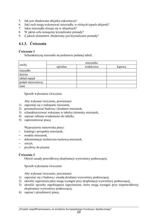 „Projekt współfinansowany ze środków Europejskiego Funduszu Społecznego”
20
5. Jak jest zbudowana ubijarka cukiernicza?
6. Jaki ruch mogą wykonywać mieszadła, w róŜnych typach ubijarek?
7. Jakie mieszadła stosuje się w ubijarkach?
8. W jakim celu stosujemy krystalizator pomady?
9. Z jakich elementów zbudowany jest krystalizator pomady?
4.1.3. Ćwiczenia
Ćwiczenie 1
Scharakteryzuj miesiarki na podstawie podanej tabeli.
miesiarka
cechy
spiralna widelcowa kątowa
miesidło
dzieŜa
układ napęd
pulpit sterowniczy
inne
Sposób wykonania ćwiczenia
Aby wykonać ćwiczenie, powinieneś:
1) zapoznać się z rodzajami miesiarek,
2) przeanalizować budowę i działanie miesiarek,
3) scharakteryzować wskazane w tabelce elementy miesiarek,
4) zapisać zebrane wiadomości do tabelki,
5) zaprezentować pracę.
WyposaŜenie stanowiska pracy:
− katalogi i prospekty miesiarek,
− modele miesiarek,
− dokumentacje techniczno-ruchową miesiarek,
− zeszyt,
− przybory do pisania.
Ćwiczenie 2
Określ zasady prawidłowej eksploatacji wywrotnicy podnoszącej.
Sposób wykonania ćwiczenia
Aby wykonać ćwiczenie, powinieneś:
1) zapoznać się z budową i zasadą działania wywrotnicy podnoszącej,
2) określić zagroŜenia jakie mogą wystąpić przy eksploatacji wywrotnicy podnoszącej,
3) określić sposoby zapobiegania zagroŜeniom, które mogą wystąpić przy nieprawidłowej
eksploatacji wywrotnicy podnoszącej,
4) zapisać i przedstawić pracę.
 