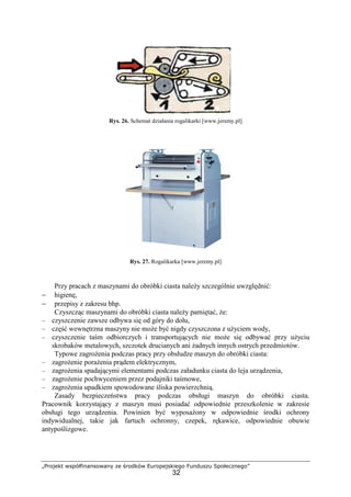 „Projekt współfinansowany ze środków Europejskiego Funduszu Społecznego”
32
Rys. 26. Schemat działania rogalikarki [www.jeremy.pl]
Rys. 27. Rogalikarka [www.jeremy.pl]
Przy pracach z maszynami do obróbki ciasta naleŜy szczególnie uwzględnić:
− higienę,
− przepisy z zakresu bhp.
Czyszcząc maszynami do obróbki ciasta naleŜy pamiętać, Ŝe:
– czyszczenie zawsze odbywa się od góry do dołu,
– część wewnętrzna maszyny nie moŜe być nigdy czyszczona z uŜyciem wody,
– czyszczenie taśm odbiorczych i transportujących nie moŜe się odbywać przy uŜyciu
skrobaków metalowych, szczotek drucianych ani Ŝadnych innych ostrych przedmiotów.
Typowe zagroŜenia podczas pracy przy obsłudze maszyn do obróbki ciasta:
– zagroŜenie poraŜenia prądem elektrycznym,
– zagroŜenia spadającymi elementami podczas załadunku ciasta do leja urządzenia,
– zagroŜenie pochwyceniem przez podajniki taśmowe,
– zagroŜenia upadkiem spowodowane śliska powierzchnią.
Zasady bezpieczeństwa pracy podczas obsługi maszyn do obróbki ciasta.
Pracownik korzystający z maszyn musi posiadać odpowiednie przeszkolenie w zakresie
obsługi tego urządzenia. Powinien być wyposaŜony w odpowiednie środki ochrony
indywidualnej, takie jak fartuch ochronny, czepek, rękawice, odpowiednie obuwie
antypoślizgowe.
 