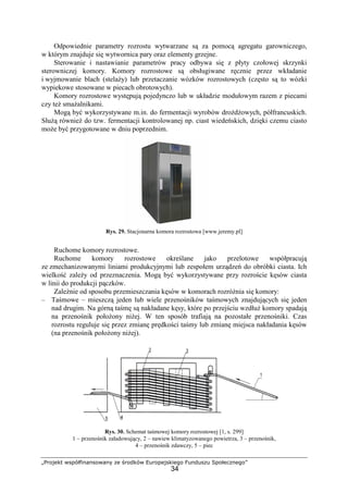 „Projekt współfinansowany ze środków Europejskiego Funduszu Społecznego”
34
Odpowiednie parametry rozrostu wytwarzane są za pomocą agregatu garowniczego,
w którym znajduje się wytwornica pary oraz elementy grzejne.
Sterowanie i nastawianie parametrów pracy odbywa się z płyty czołowej skrzynki
sterowniczej komory. Komory rozrostowe są obsługiwane ręcznie przez wkładanie
i wyjmowanie blach (stelaŜy) lub przetaczanie wózków rozrostowych (często są to wózki
wypiekowe stosowane w piecach obrotowych).
Komory rozrostowe występują pojedynczo lub w układzie modułowym razem z piecami
czy teŜ smaŜalnikami.
Mogą być wykorzystywane m.in. do fermentacji wyrobów droŜdŜowych, półfrancuskich.
SłuŜą równieŜ do tzw. fermentacji kontrolowanej np. ciast wiedeńskich, dzięki czemu ciasto
moŜe być przygotowane w dniu poprzednim.
Rys. 29. Stacjonarna komora rozrostowa [www.jeremy.pl]
Ruchome komory rozrostowe.
Ruchome komory rozrostowe określane jako przelotowe współpracują
ze zmechanizowanymi liniami produkcyjnymi lub zespołem urządzeń do obróbki ciasta. Ich
wielkość zaleŜy od przeznaczenia. Mogą być wykorzystywane przy rozroście kęsów ciasta
w linii do produkcji pączków.
ZaleŜnie od sposobu przemieszczania kęsów w komorach rozróŜnia się komory:
– Taśmowe – mieszczą jeden lub wiele przenośników taśmowych znajdujących się jeden
nad drugim. Na górną taśmę są nakładane kęsy, które po przejściu wzdłuŜ komory spadają
na przenośnik połoŜony niŜej. W ten sposób trafiają na pozostałe przenośniki. Czas
rozrostu reguluje się przez zmianę prędkości taśmy lub zmianę miejsca nakładania kęsów
(na przenośnik połoŜony niŜej).
Rys. 30. Schemat taśmowej komory rozrostowej [1, s. 299]
1 – przenośnik załadowujący, 2 – nawiew klimatyzowanego powietrza, 3 – przenośnik,
4 – przenośnik zdawczy, 5 – piec
 
