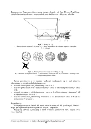 „Projekt współfinansowany ze środków Europejskiego Funduszu Społecznego”
36
dwustronnym). Tarcze przeciskowe mają otwory o średnicy od 2 do 25 mm. Zespół tnący
(noŜe i sita) osadzany jest przy pomocy pierścienia dociskowego i dokręcany nakrętką.
Rys. 32. Wilk [7, s. 75]
1 – doprowadzenie surowca, 2, 6 – noŜe, 3, 5 – tarcze przeciskowe, 4 – element mocujący (nakrętka),
7, 8 – ślimaki
Rys. 33. Tarcze przeciskowe (sita) i nóŜ wilka [5, s. 33]
1 – z otworami owalnymi ukośnymi, 2 – z otworami o średnicy 12 mm, 3 – z otworami o średnicy 5 mm,
4 – z otworami o średnicy 3 mm
Tarcze przeciskowe, a w zasadzie wielkości znajdujących się w nich otworów,
odpowiadają za stopień rozdrobnienia surowca:
− mielenie bardzo grube: nóŜ jednostronny + tarcza nr 1,
− mielenie grube: tarcza nr 1 + nóŜ dwustronny + tarcza nr 2 lub nóŜ jednostronny + tarcza
nr 2,
− mielenie normalne — nóŜ jednostronny + tarcza nr 1, nóŜ dwustronny + tarcza nr 3 lub
nóŜ jednostronny + tarcza nr 3,
− mielenie drobne: nóŜ jednostronny + tarcza nr 2, nóŜ dwustronny + tarcza nr 4 lub nóŜ
jednostronny + tarcza nr 4.
Trójwalcówka
Występują maszyny o dwóch lub trzech walcach stalowych lub granitowych. Walcarki
mogą być usytuowane pionowo (jeden nad drugim) lub poziomo.
Najczęściej uŜywane są maszyny o trzech wałkach granitowych tzw. trójwalcówki
(trójwalcarki).
 