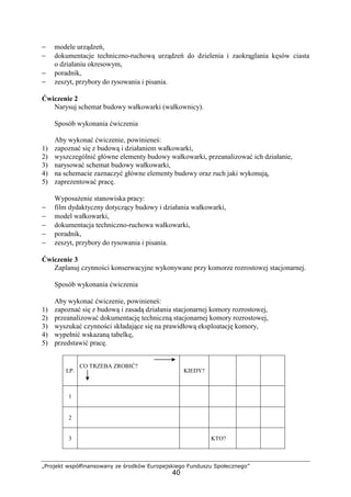 „Projekt współfinansowany ze środków Europejskiego Funduszu Społecznego”
40
− modele urządzeń,
− dokumentacje techniczno-ruchową urządzeń do dzielenia i zaokrąglania kęsów ciasta
o działaniu okresowym,
− poradnik,
− zeszyt, przybory do rysowania i pisania.
Ćwiczenie 2
Narysuj schemat budowy wałkowarki (wałkownicy).
Sposób wykonania ćwiczenia
Aby wykonać ćwiczenie, powinieneś:
1) zapoznać się z budową i działaniem wałkowarki,
2) wyszczególnić główne elementy budowy wałkowarki, przeanalizować ich działanie,
3) narysować schemat budowy wałkowarki,
4) na schemacie zaznaczyć główne elementy budowy oraz ruch jaki wykonują,
5) zaprezentować pracę.
WyposaŜenie stanowiska pracy:
− film dydaktyczny dotyczący budowy i działania wałkowarki,
− model wałkowarki,
− dokumentacja techniczno-ruchowa wałkowarki,
− poradnik,
− zeszyt, przybory do rysowania i pisania.
Ćwiczenie 3
Zaplanuj czynności konserwacyjne wykonywane przy komorze rozrostowej stacjonarnej.
Sposób wykonania ćwiczenia
Aby wykonać ćwiczenie, powinieneś:
1) zapoznać się z budową i zasadą działania stacjonarnej komory rozrostowej,
2) przeanalizować dokumentację techniczną stacjonarnej komory rozrostowej,
3) wyszukać czynności składające się na prawidłową eksploatację komory,
4) wypełnić wskazaną tabelkę,
5) przedstawić pracę.
LP.
CO TRZEBA ZROBIĆ?
KIEDY?
1
2
3 KTO?
 