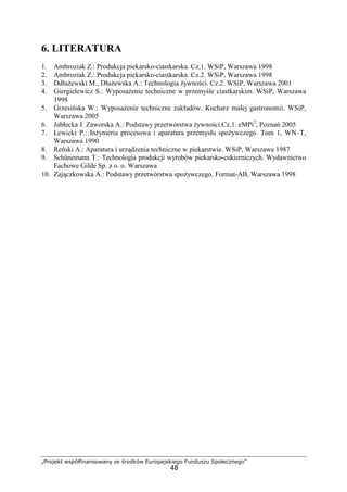 „Projekt współfinansowany ze środków Europejskiego Funduszu Społecznego”
48
6. LITERATURA
1. Ambroziak Z.: Produkcja piekarsko-ciastkarska. Cz.1. WSiP, Warszawa 1998
2. Ambroziak Z.: Produkcja piekarsko-ciastkarska. Cz.2. WSiP, Warszawa 1998
3. DdłuŜewski M., DłuŜewska A.: Technologia Ŝywności. Cz.2. WSiP, Warszawa 2001
4. Giergielewicz S.: WyposaŜenie techniczne w przemyśle ciastkarskim. WSiP, Warszawa
1998
5. Grzesińska W.: WyposaŜenie techniczne zakładów. Kucharz małej gastronomii. WSiP,
Warszawa 2005
6. Jabłecka J. Zaworska A.: Podstawy przetwórstwa Ŝywności.Cz.1. eMPi2
, Poznań 2005
7. Lewicki P.: InŜynieria procesowa i aparatura przemysłu spoŜywczego. Tom 1, WN–T,
Warszawa 1990
8. Reński A.: Aparatura i urządzenia techniczne w piekarstwie. WSiP, Warszawa 1987
9. Schünemann T.: Technologia produkcji wyrobów piekarsko-cukierniczych. Wydawnictwo
Fachowe Gilde Sp. z o. o. Warszawa
10. Zajączkowska A.: Podstawy przetwórstwa spoŜywczego. Format-AB, Warszawa 1998
 