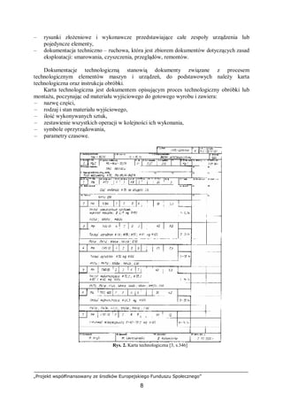 „Projekt współfinansowany ze środków Europejskiego Funduszu Społecznego”
8
– rysunki złożeniowe i wykonawcze przedstawiające całe zespoły urządzenia lub
pojedyncze elementy,
– dokumentacja techniczno – ruchowa, która jest zbiorem dokumentów dotyczących zasad
eksploatacji: smarowania, czyszczenia, przeglądów, remontów.
Dokumentacje technologiczną stanowią dokumenty związane z procesem
technologicznym elementów maszyn i urządzeń, do podstawowych należy karta
technologiczna oraz instrukcja obróbki.
Karta technologiczna jest dokumentem opisującym proces technologiczny obróbki lub
montażu, poczynając od materiału wyjściowego do gotowego wyrobu i zawiera:
– nazwę części,
– rodzaj i stan materiału wyjściowego,
– ilość wykonywanych sztuk,
– zestawienie wszystkich operacji w kolejności ich wykonania,
– symbole oprzyrządowania,
– parametry czasowe.
Rys. 2. Karta technologiczna [3, s.346]
 